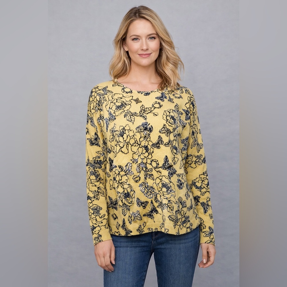 J. Jill Petite M Yellow Floral Butterfly Lightweight Knit Sweater